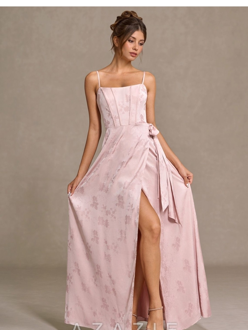 Blush Pink Jaquard Floral Gown For Bridesmaid, Wedding Guest Or Prom